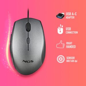 Mouse ngs ergo moth gray con cable y botones silenciosos. adaptador usb a tipo c