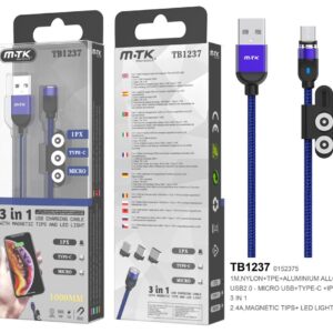 Cable datos 3 en 1 magnético (MicroUSB + Type-C + lightning) 1m / 2.4a / Azul / TB1237 / ONE+