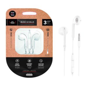 Auriculares Intrauditivos earTECH / Micrófono / Jack 3.5 / 1.2m / Sin Silicona / Blancos / TEC1001 / Tech One Tech