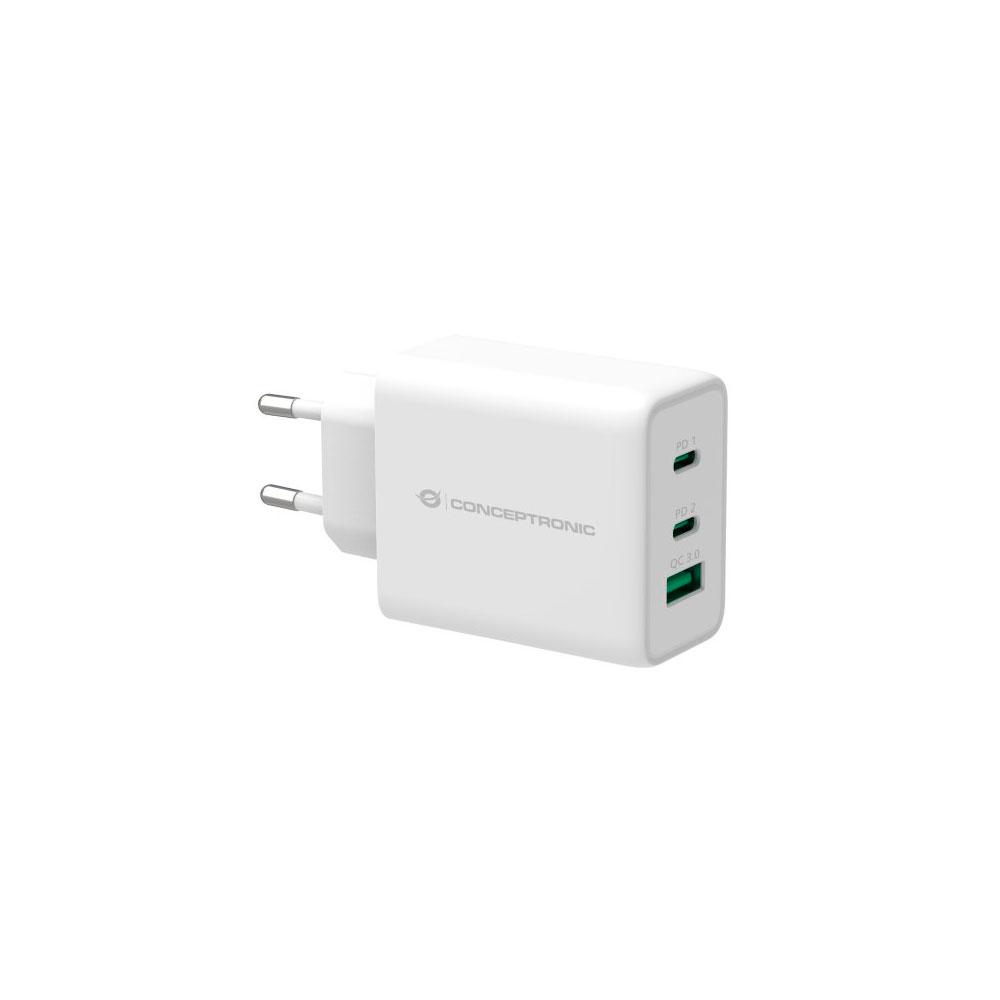 Cargador de red Usb + 2x Type-C / 65w / Blanco / Quick Charge 3.0 / Conceptronic / ALTHEA12W