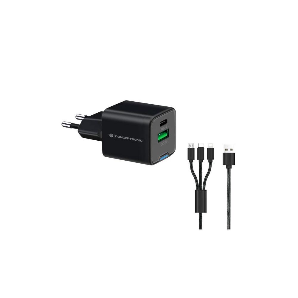 Cargador de red Usb + Type-C / 33W / 3 en 1 / Negro / Incluye cable 3 en 1 / Conceptronic / ALTHEA16B