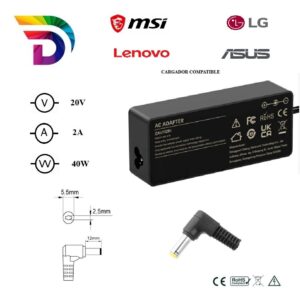 Cargador compatible para portátil ASUS / LENOVO / LG / MSI 40W 20V 2A 5.5x2.5 mm Dayma
