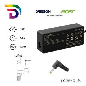 Cargador compatible para portátil ACER / MEDION 135W 19V 7.1A 5.5x2.5 mm Dayma