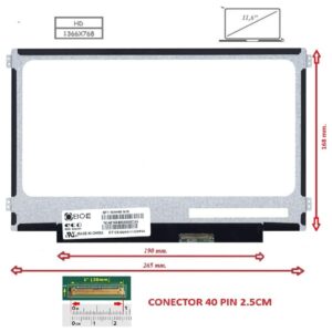 Pantalla compatible para portátil LED 11.6" SLIM 40 Pines HD Brackets laterales 16cm