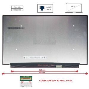 Pantalla compatible para portátil LED 15.6" SLIM 30 Pines FULL HD Sin Brackets Inverter 260-280mm. Mate
