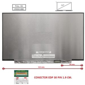 Pantalla compatible para portátil LED 14" SLIM 30 Pines FULL HD Sin Brackets Conector 94 mm.