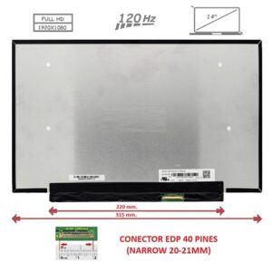 Pantalla compatible para portátil LED 14" SLIM 40 Pines FULL HD Sin Brackets 120 Hz