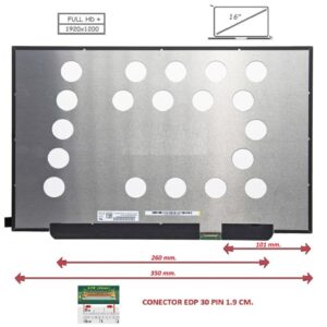 Pantalla compatible para portátil LED 16" SLIM 30 Pines FULL HD+ Sin Brackets Conector 10.1 cm.