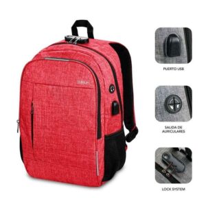 Mochila Subblim Urban Lock System hasta 16" / Rojo / Puerto USB / Antirrobo por combinacion / SUB-BP-1UL0002