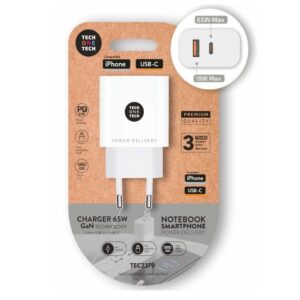 Cargador Portatil - Smartphone GAN 65W / 1x Type-C PD / 1x USB QC 3.0 / Tech One Tech / Blanco / TEC2270