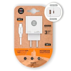 Cargador Portatil / Smartphone GAN 65W + Cable Usb / 1x Type-C PD / 1x USB QC 3.0 / Tech One Tech / Blanco / TEC2273
