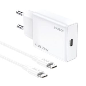 Cargador de red Type-C + Cable Type-C M/M / 25W PD / GAN / Blanco / IDUSD / D266B