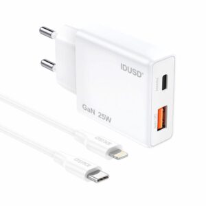 Cargador de red USB + Type-C + Cable Type-C a Lightning M/M / 25W PD / GAN / Blanco / IDUSD / D295B