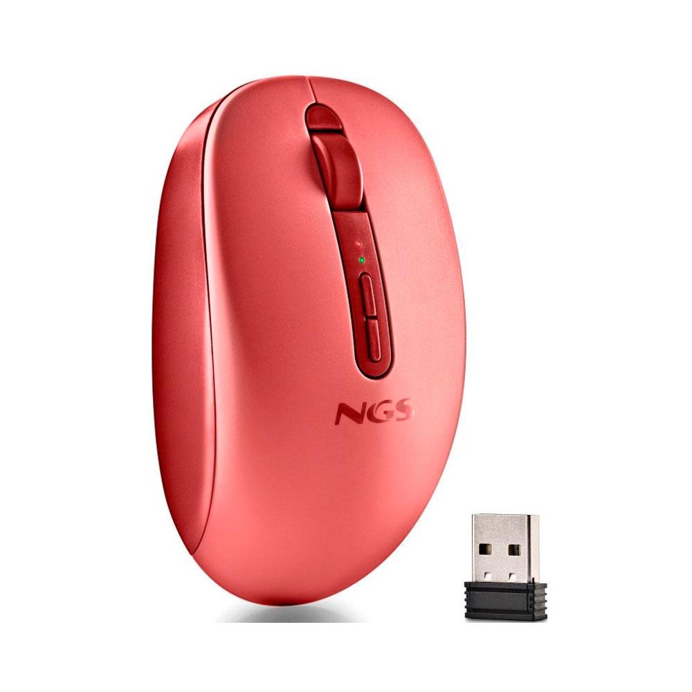 Raton Inalambrico Ergonomico NGS Fog Dual Rojo / BT 5.2 + RF 2.4Ghz / Silencioso / Hasta 1600 DPI / FOGDUALRED