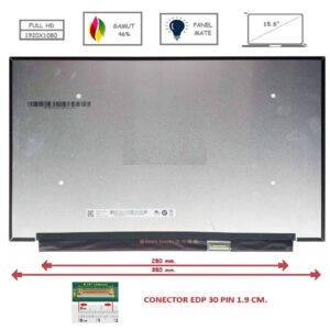 Pantalla compatible para portátil LED 15.6" SLIM 30 Pines FULL HD Sin Brackets Inverter 280mm. Mate Gamut 46%
