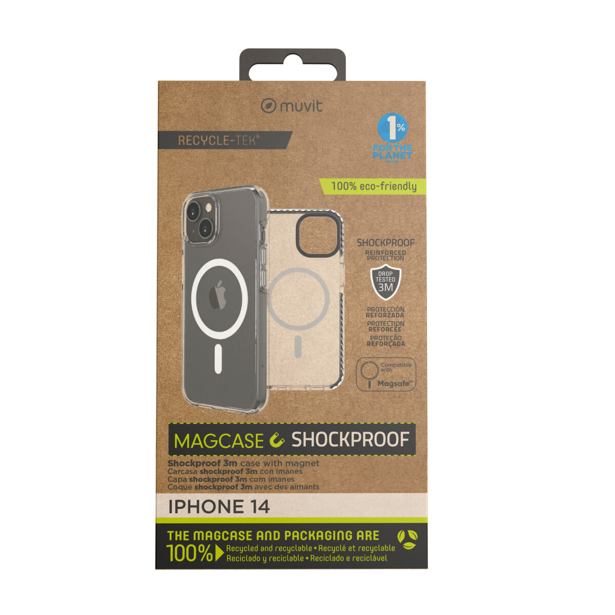 Funda muvit recycletek magsafe shockproof 3m para apple iphone 14 transparente - negra