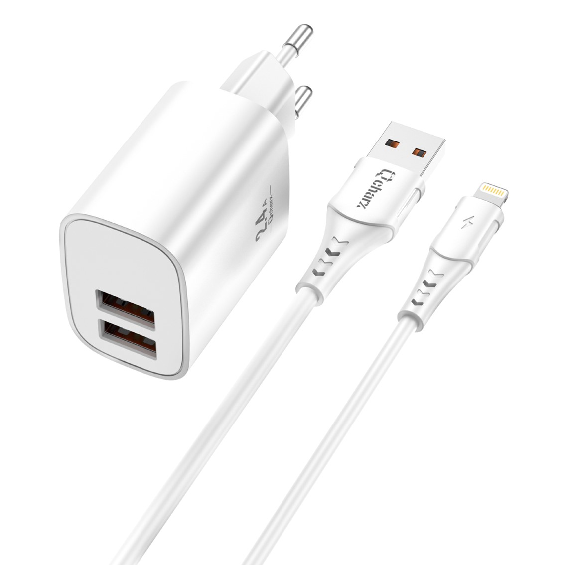 Kit cargador qcharx apolo 24a + cable usb a lightning blanco