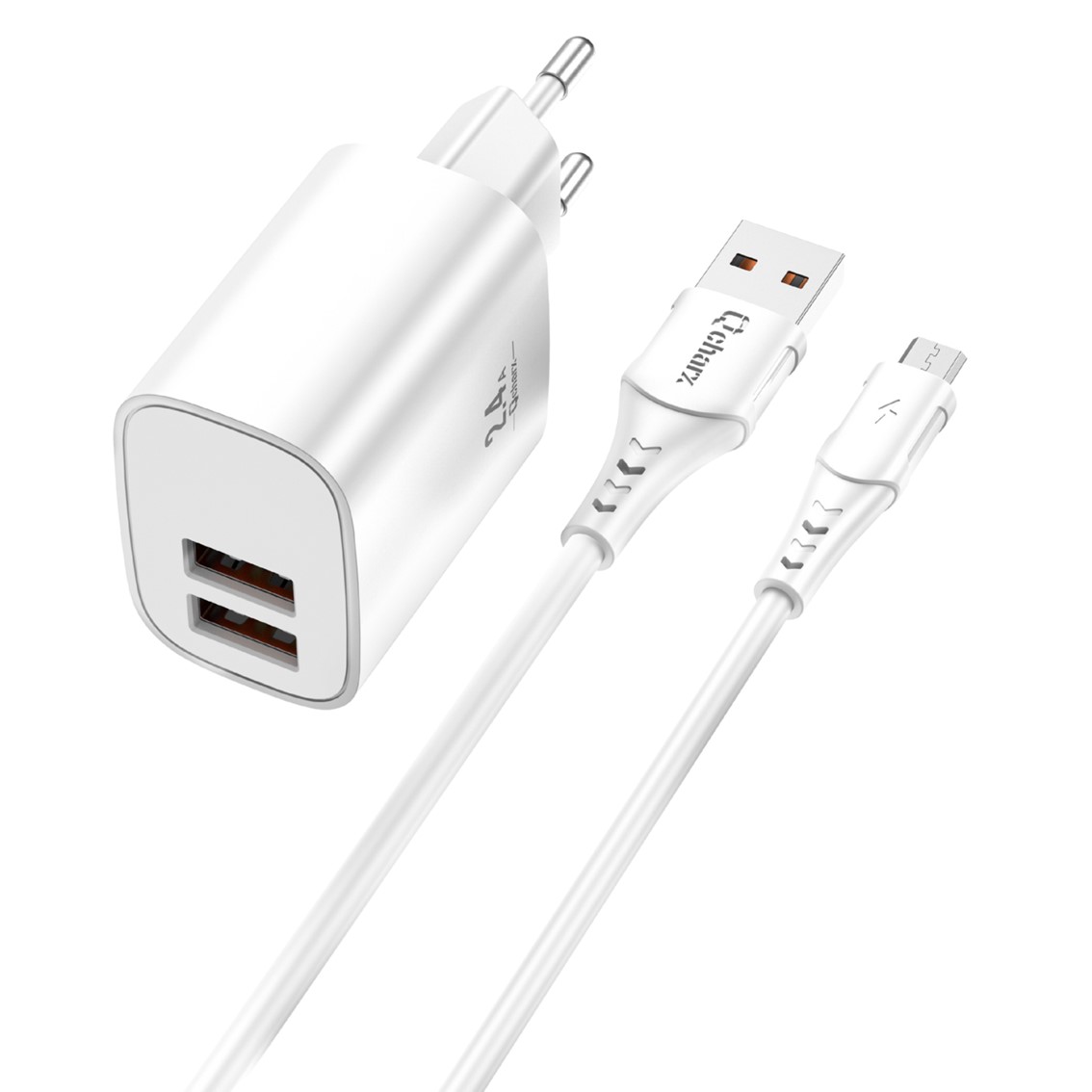 Kit cargador qcharx apolo 24a + cable usb a micro usb blanco
