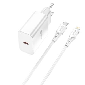 Kit cargador qcharx chronos 3a 20w + cable tipo c a lightning blanco