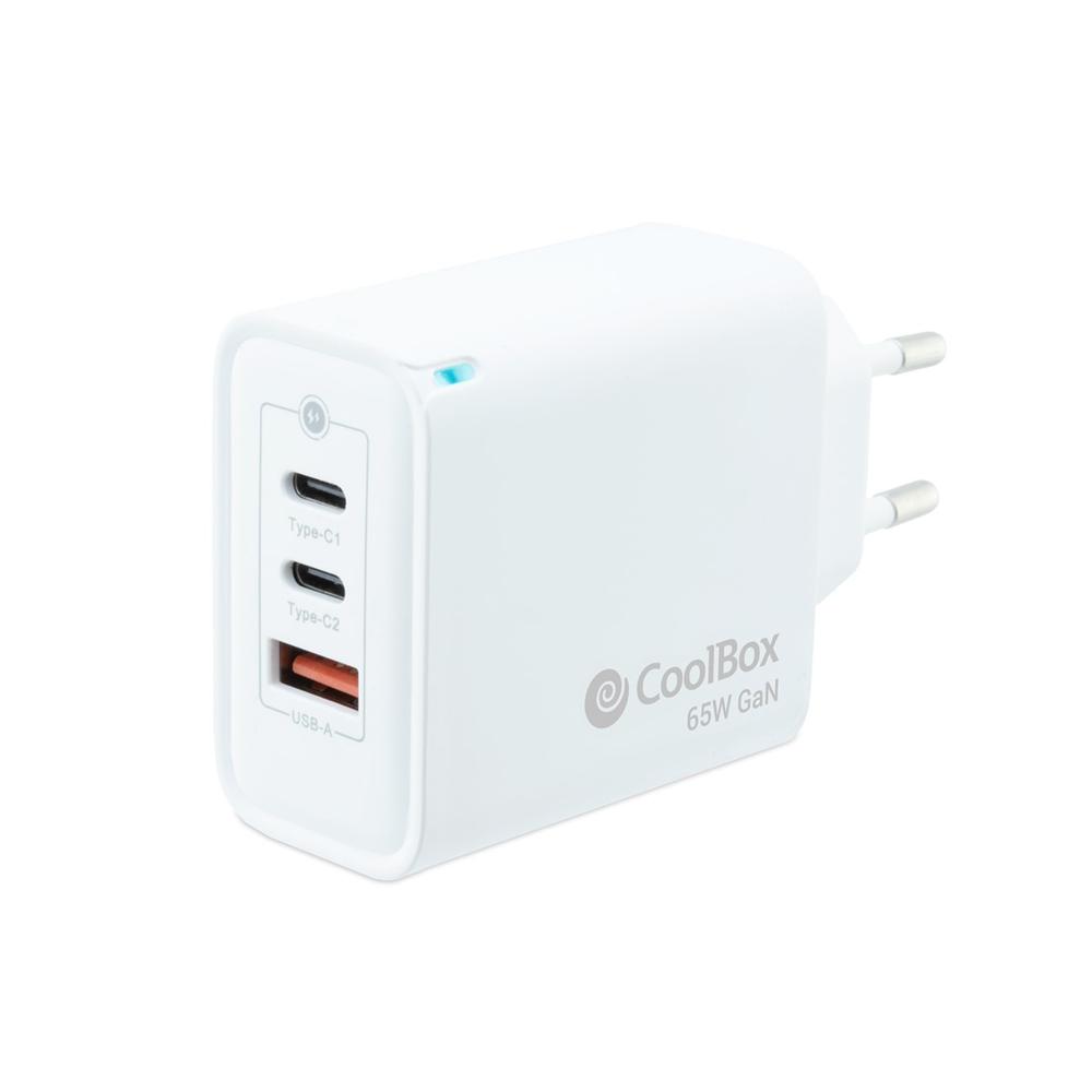 Cargador usb de pared coolbox 65w gan 2 x usb tipo c - usb tipo a