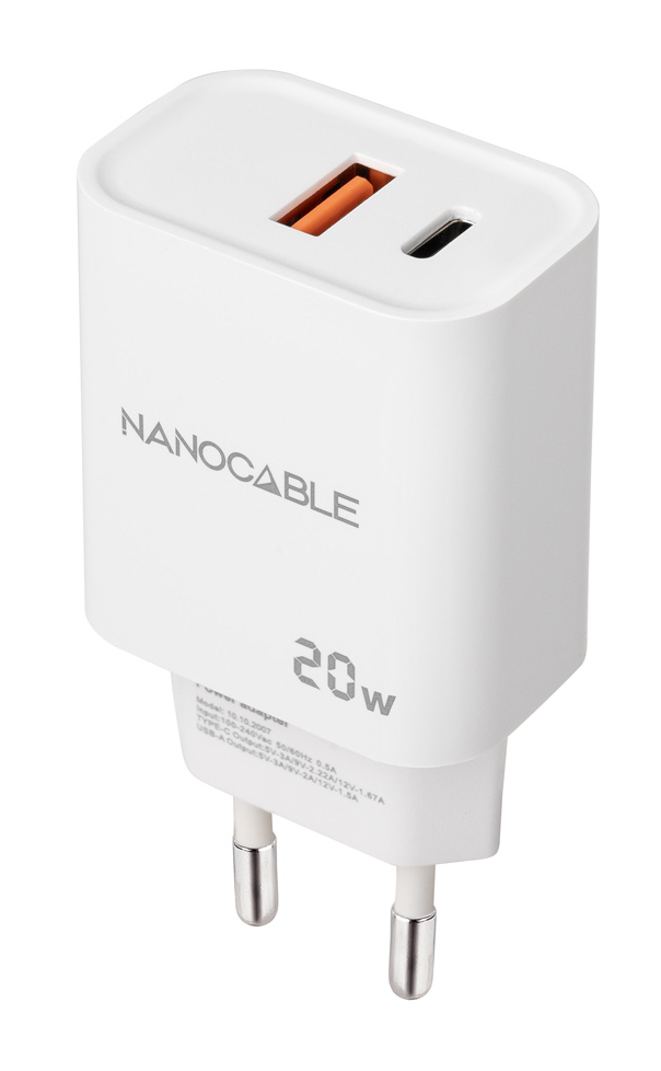 Cargador nanocable usb - c - pd + usb - a - qc 20w - blanco
