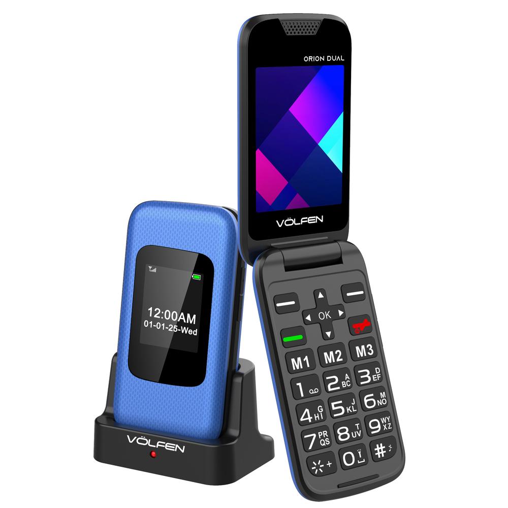 Telefono movil volfen orion dual max tipo concha azul base de carga