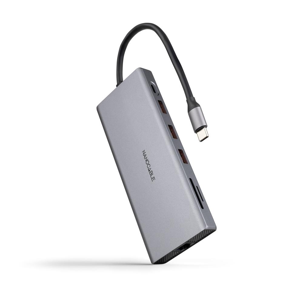 Hub nanocable usb - c 12 en 1 conversor usb - c 3.1 a 3xusb - a 3.2 + usb - c 3.2 + usb - c pd + 2xhdmi 4k@60hz + dp 4k@60hz + rj45 1gbps + tf + sd + audio jack 3.5 aluminio gris 18 cm