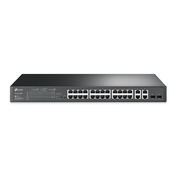 Switch gestionable l2 tp-link tl-sl2428p 28p 24x10/100 poe+ 250w 2x1gb/2x1gb sfp combo rack negro