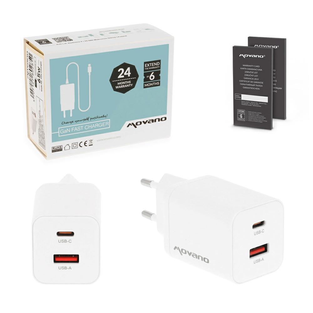 Cargador de red USB + Type-C 45W PD / GAN Blanco Movano