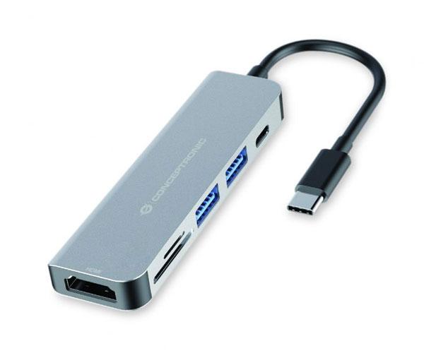 Hub Adaptador Type-C 6 en 1 Conceptronic / Hdmi - 2x Usb 3.0 - Lector SD - MicroSD - Type-C PD 60w / DONN02G