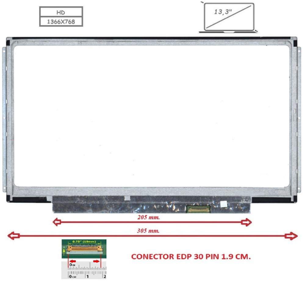 Pantalla compatible para portátil LED 13.3" SLIM 30 Pines HD con Brackets Alargados