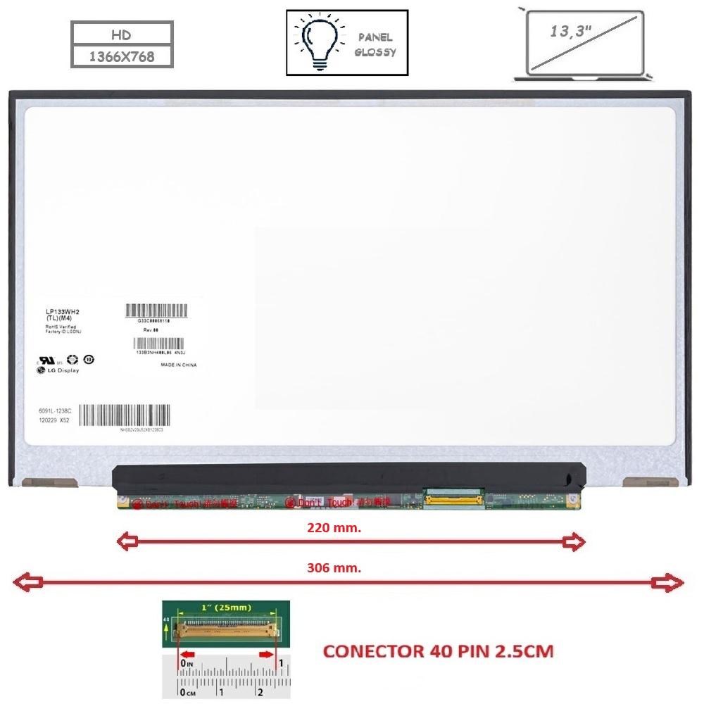 Pantalla compatible para portátil LED 13.3" SLIM 40 Pines HD Sin Brackets Brillo