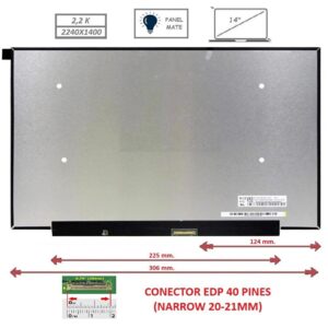 Pantalla compatible para portátil LED 14" SLIM 40 Pines 2.5K Sin Brackets Conector centro Mate